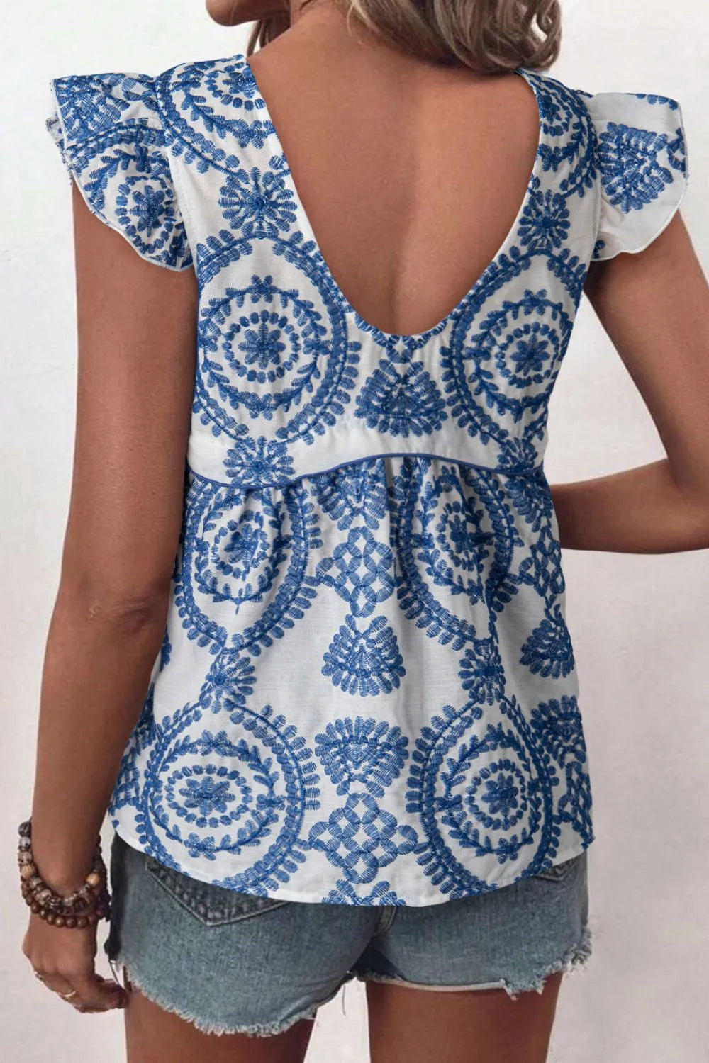 Boho Print Ruffled Cap Sleeve Crew Neck Blouse
