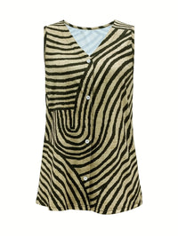 Sleeveless Zebra Print Button-Up Tank Top