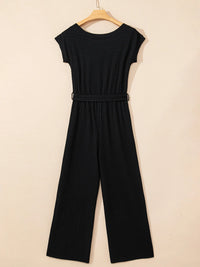 One Shoulder Short Sleeve Knotted Waist Jumpsuit