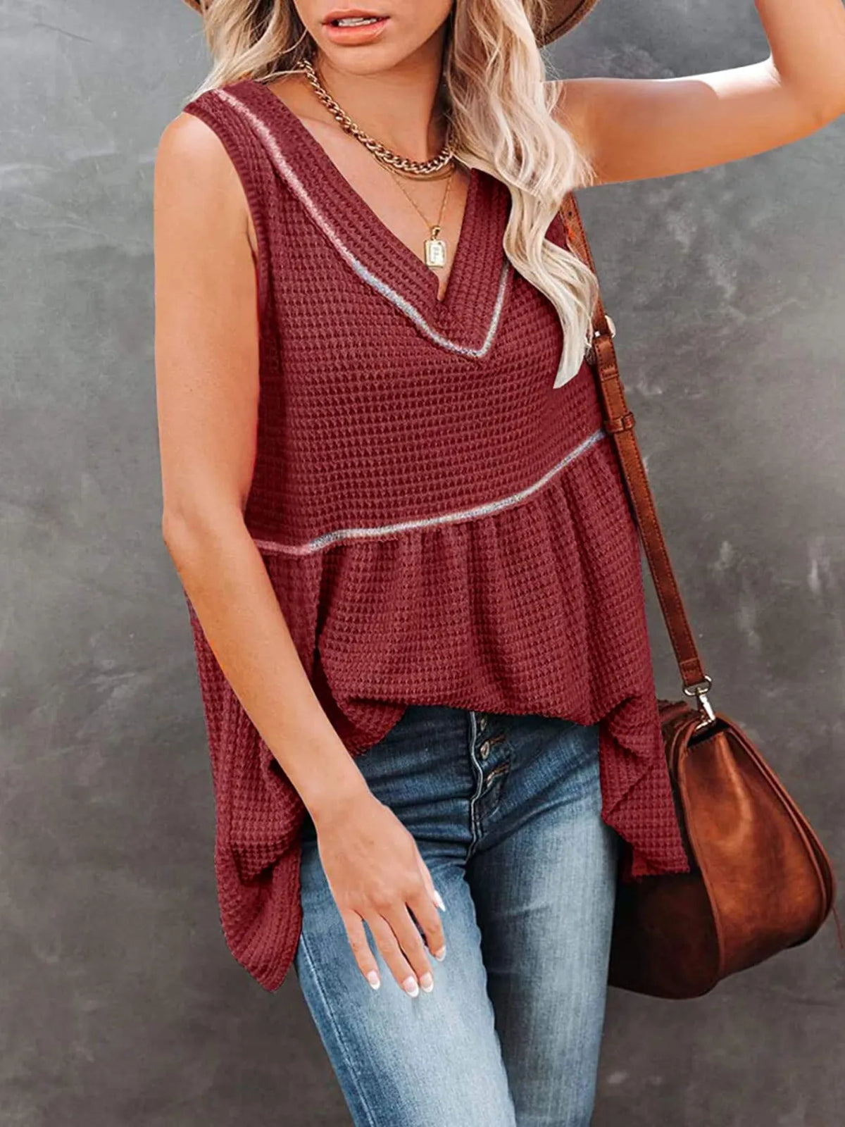 V-Neck Contrast Trim Waffle Knit Tank Top