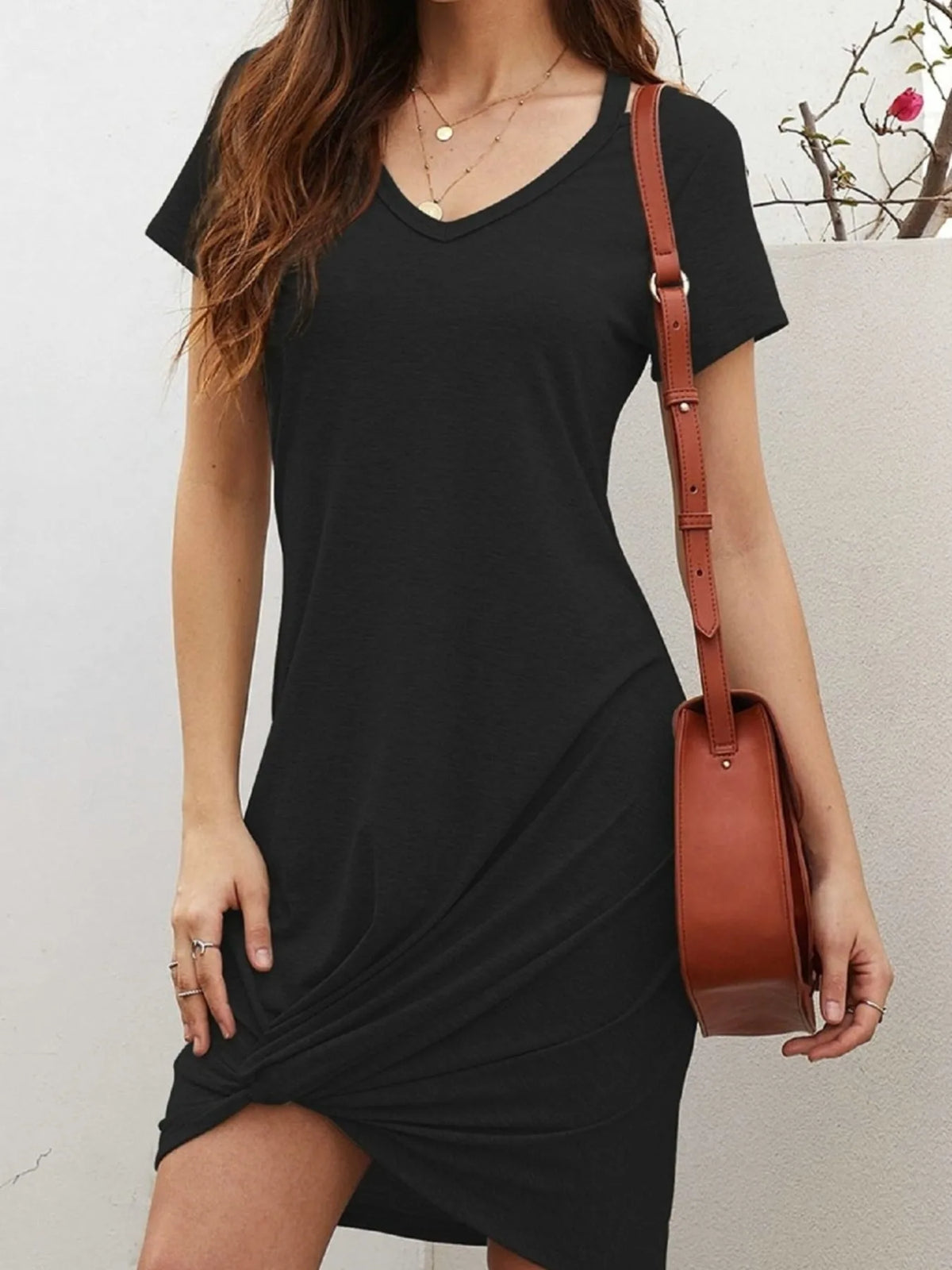 V-Neck Twisted Knot T-Shirt Dress