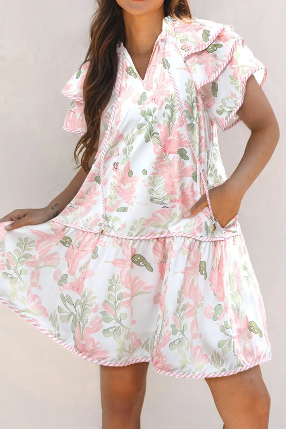 Floral Contrast Edge Layered Short Sleeve Mini Dress