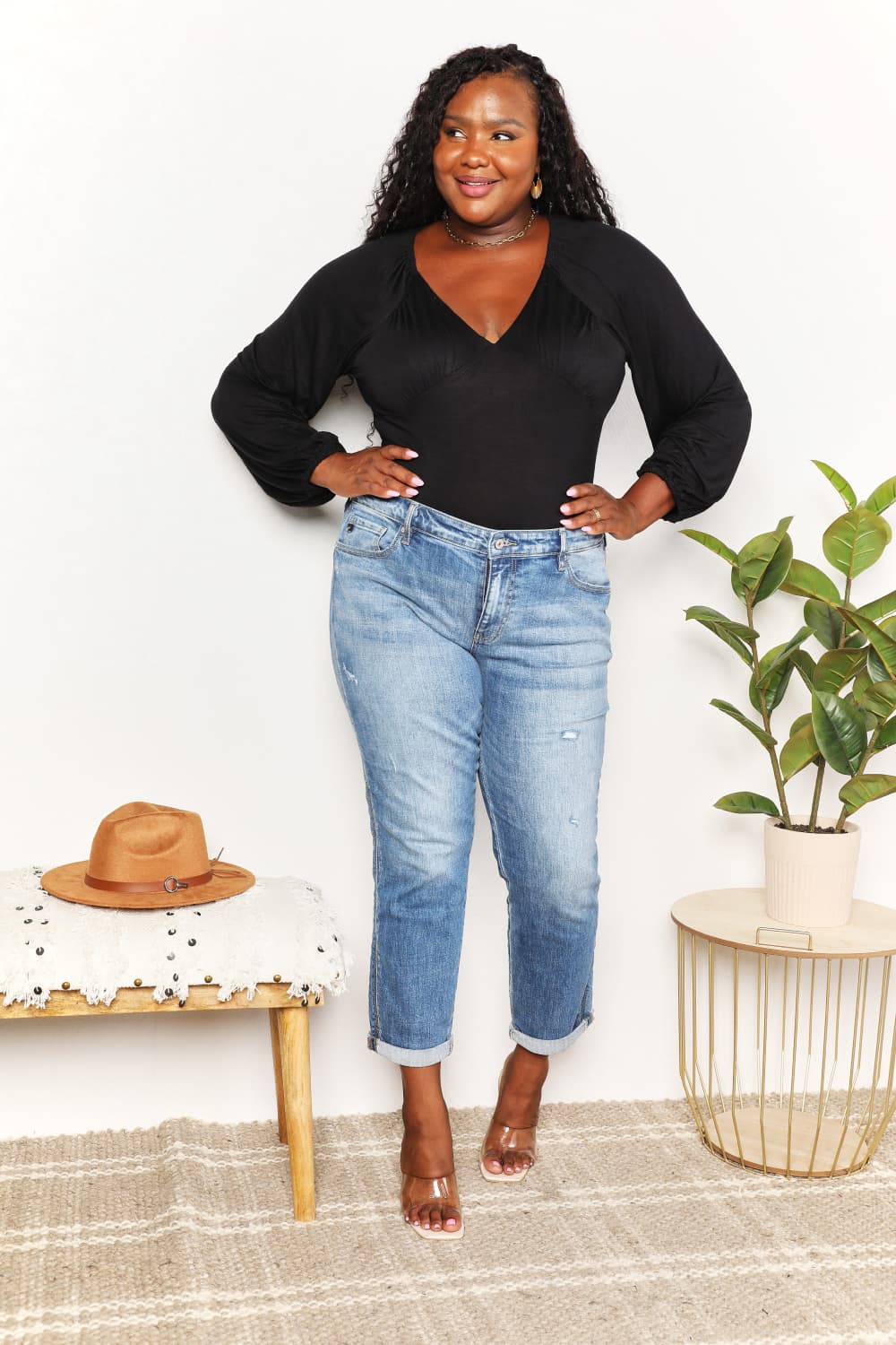 V- Neck Full Size Bodysuit