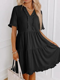 Tiered Notched Short Sleeve Mini Dress