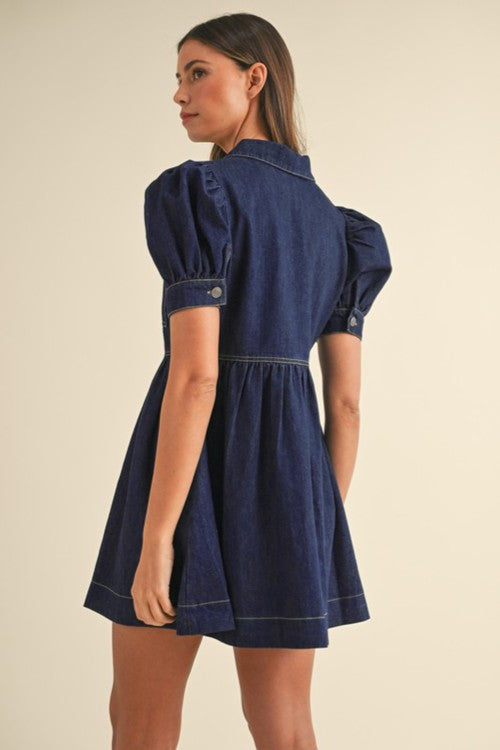 Collared Neck Half Zip Denim Dress