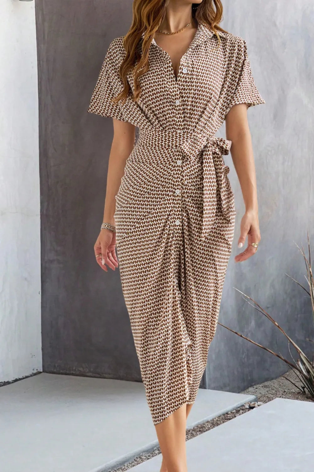 Devine Collared Neck Short Sleeve Midi Shirt Dress