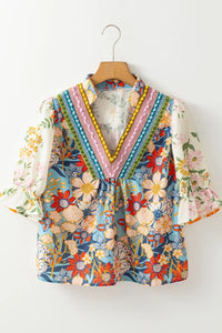 Multicolour Crochet V Neck Half Sleeve Boho Floral Blouse