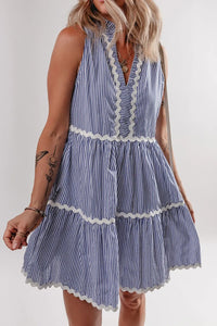 Stripe Sleeveless Notched Ric Rac Mini Dress