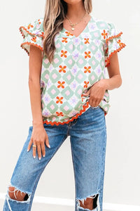 Floral Print V-neck Flutter Sleeve Blouse
