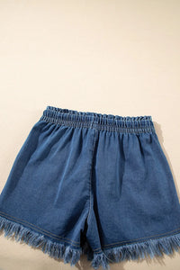 Raw Hem Drawstring High Waist Denim Shorts with Pockets