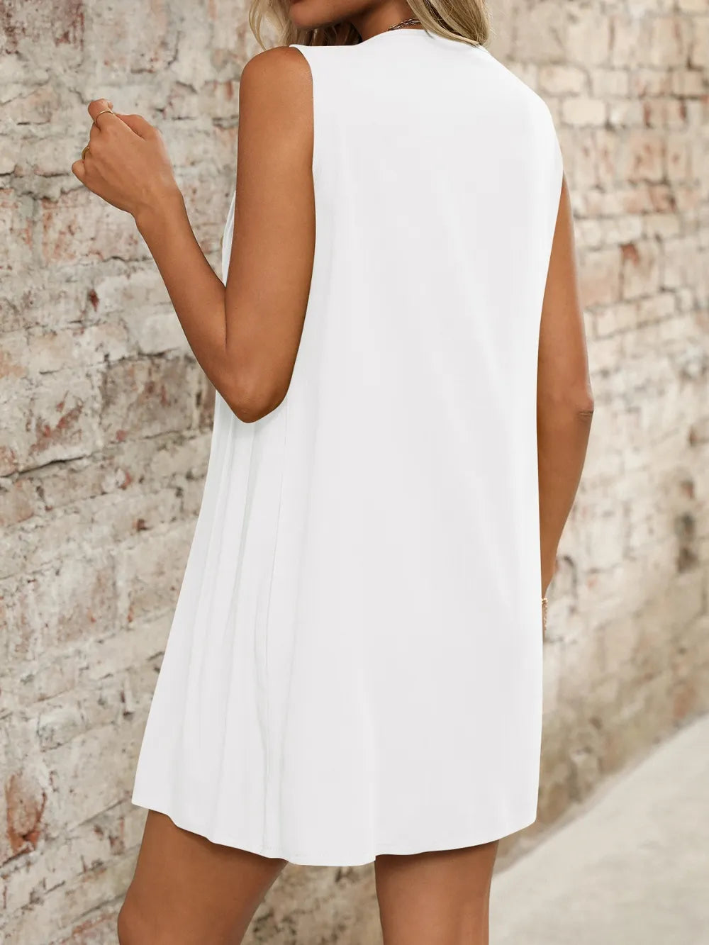 Tied Front Pleated Sleeveless Mini Dress