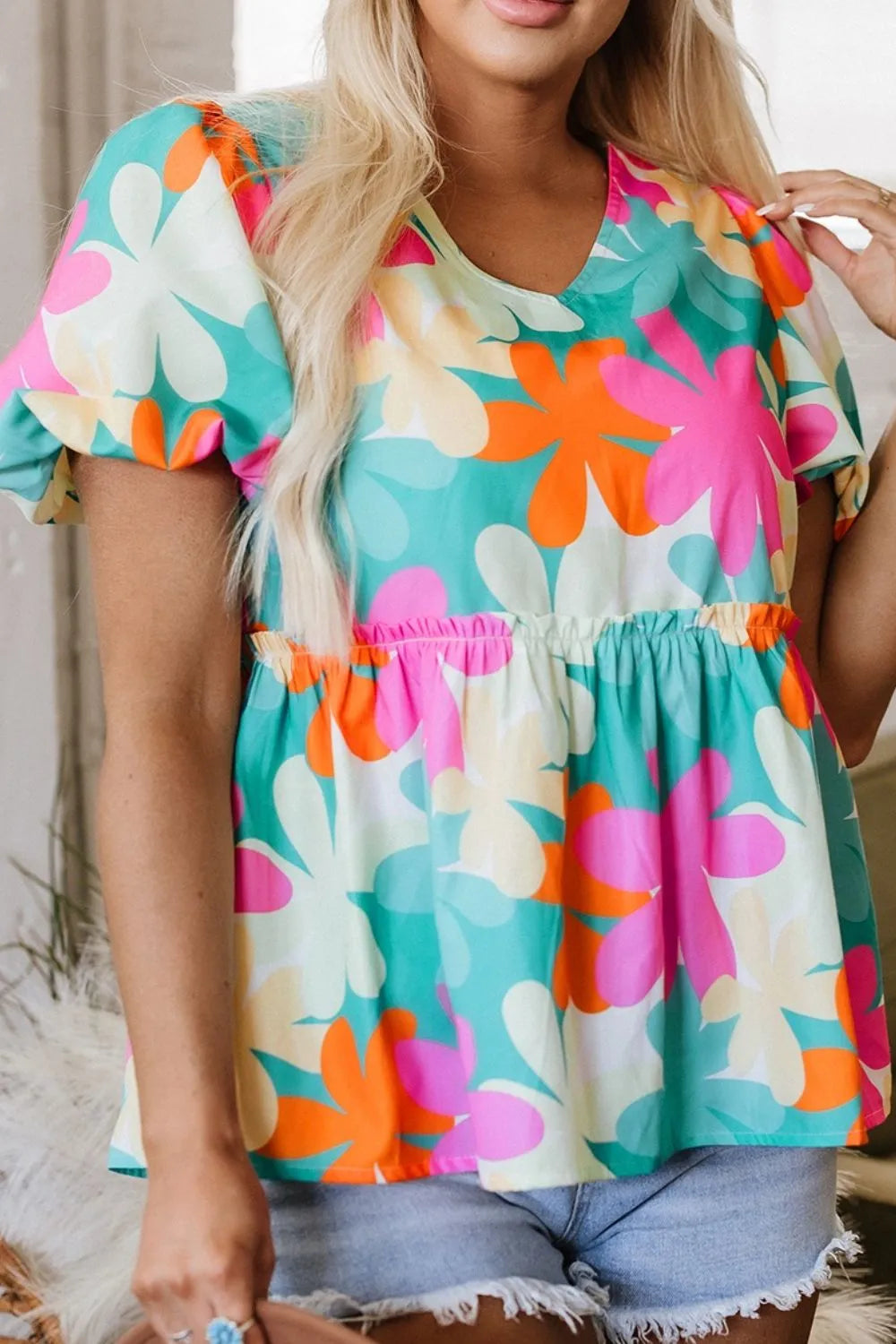 Floral Print Bubble Sleeve V Neck Peplum Blouse