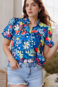 Floral Print Ruffle Sleeve Loose Blouse