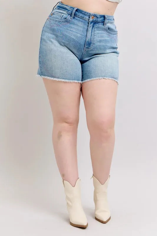Judy Blue Full Size High Waist Western Embroidery Detail Cut Off Denim Shorts Plus Size