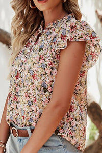 Floral Print Ruffle Cap Sleeve Blouse