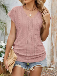 Eyelet V-Neck Short Sleeve Top