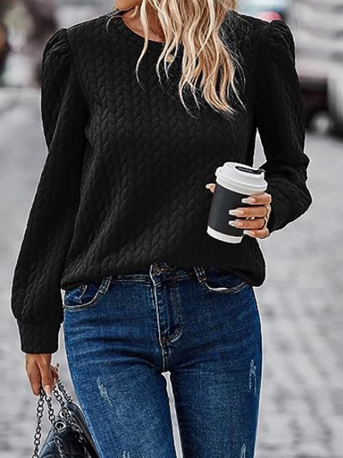 Textured Round Neck Sweatshirt Long Sleeve
