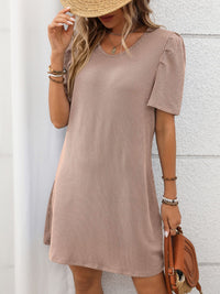 Textured Round Neck Short Sleeve Mini Dress