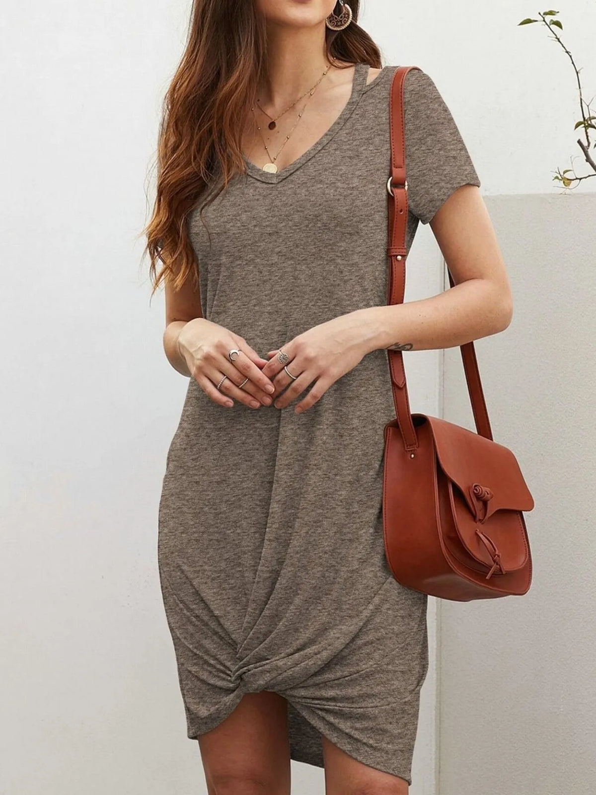 V-Neck Twisted Knot T-Shirt Dress