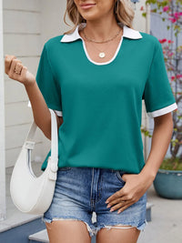 Contrast Trim Collar Short Sleeve Casual T-Shirt