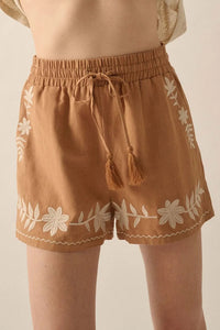 Embroidered Boho Tasseled Drawstring Elastic Waist Casual Shorts