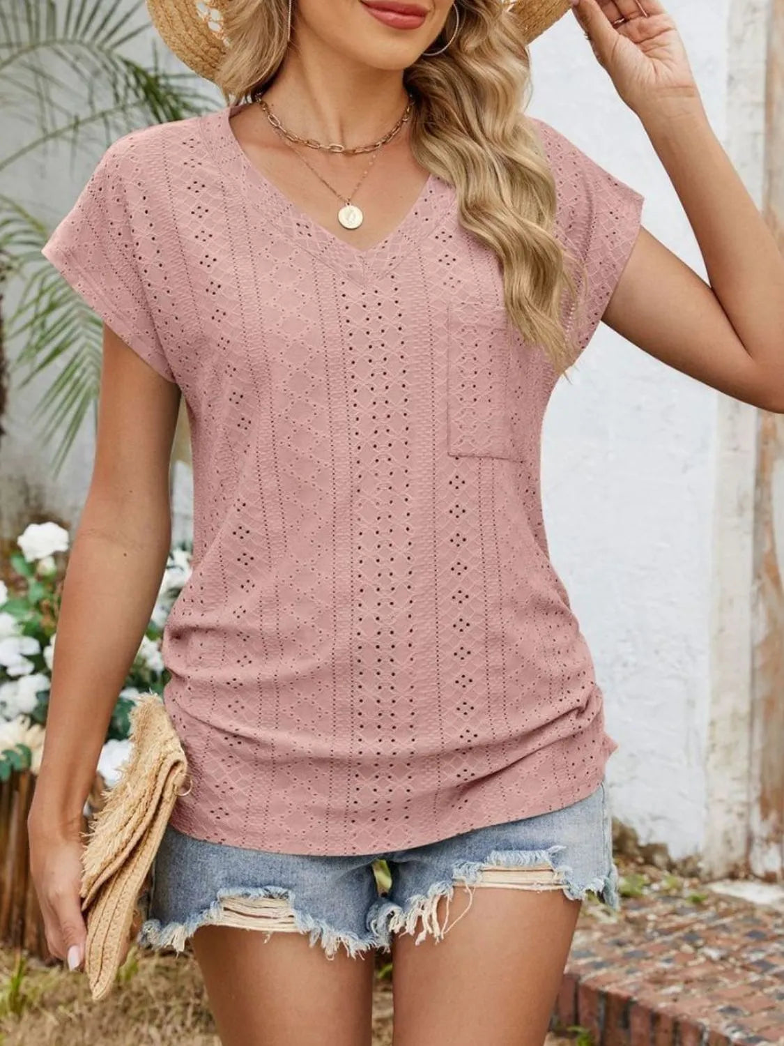 Eyelet V-Neck Short Sleeve Top
