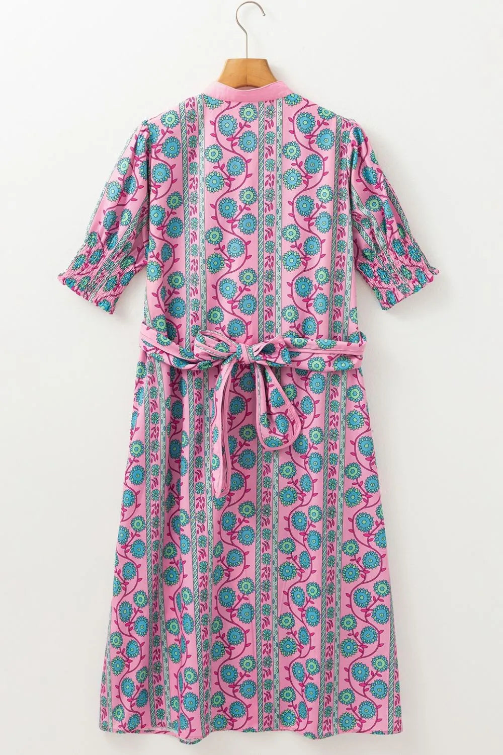 Printed Shirred Sleeve Buttoned Front Midi Dress with Sash