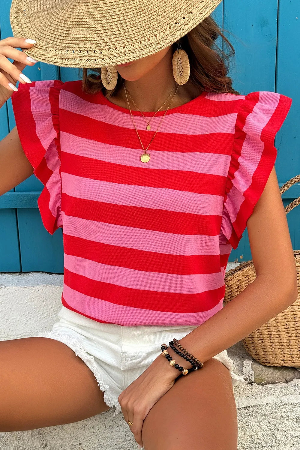 Striped Ruffle Sleeve Summer T-Shirt