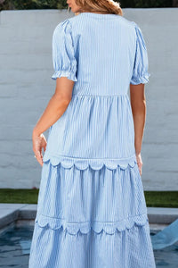Stripe Bubble Short Sleeve Tiered Scallop Midi Dress