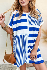 Stripe Mixed Short Sleeve Shift Mini Tee Dress