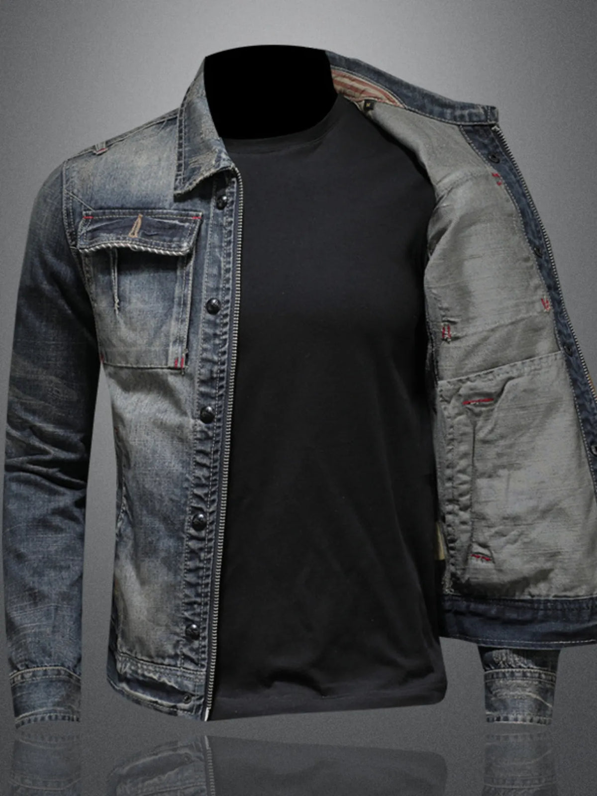 Men's Plus Size Washed Zip Up Denim Jacket with Chest Pockets