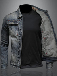 Men's Plus Size Washed Zip Up Denim Jacket with Chest Pockets