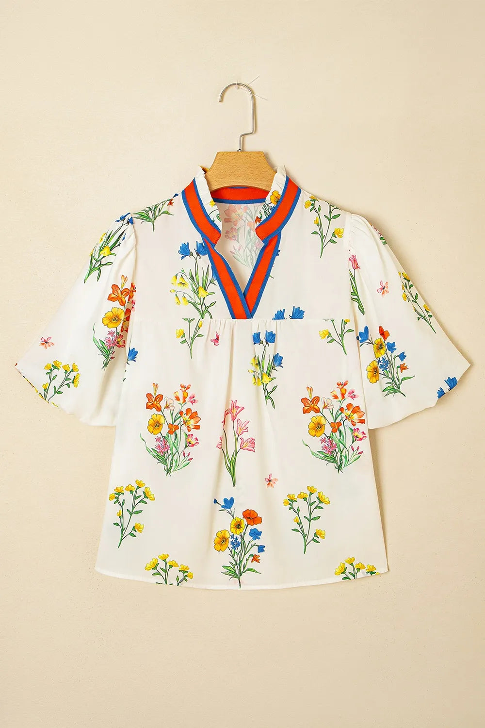 Floral Short Puff Sleeve Notched Blouse