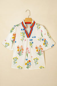 Floral Short Puff Sleeve Notched Blouse