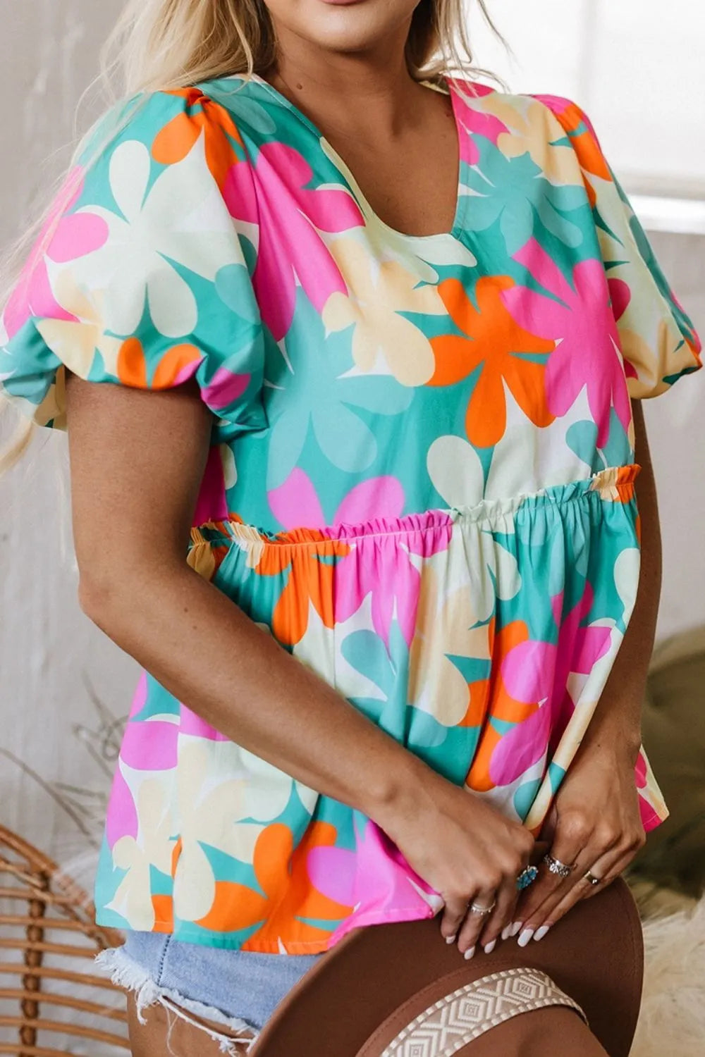 Floral Print Bubble Sleeve V Neck Peplum Blouse