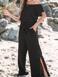 One Shoulder Short Sleeve Knotted Waist Jumpsuit
