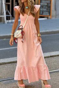 V Neck Ruffled Cap Sleeve Smocked Maxi Dress