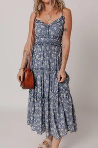 Floral Spaghetti Strap Frilled V Neck Tiered Midi Dress