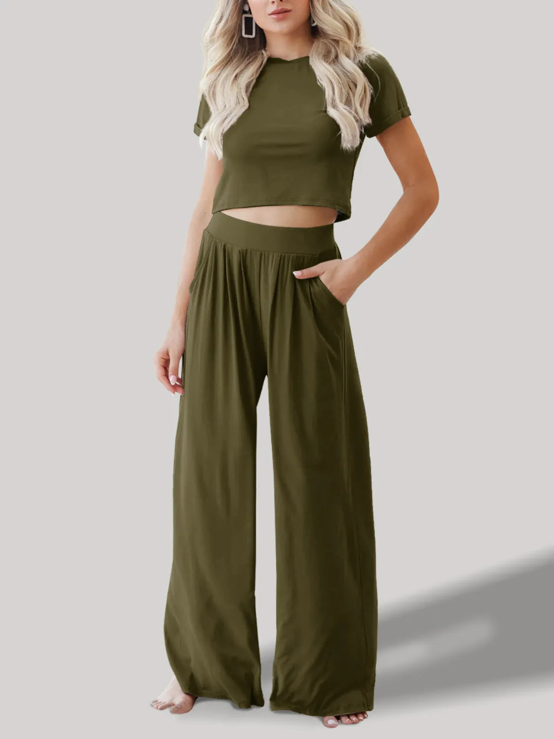 Round Neck Short Sleeve Top and Pants Set