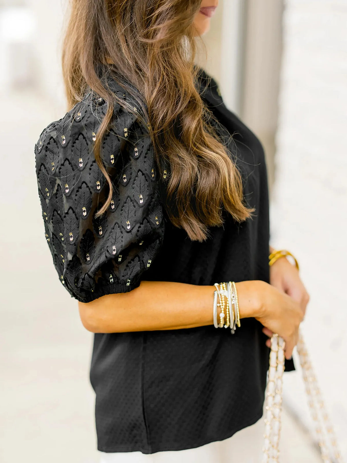 Bubble Sleeve Patchwork Textured Blouse