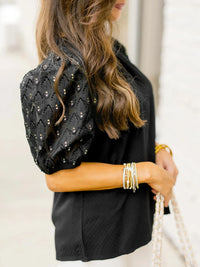 Bubble Sleeve Patchwork Textured Blouse