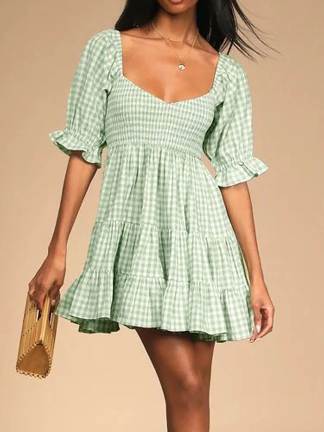 Ruffled Hem Plaid Half Sleeve Mini Dress