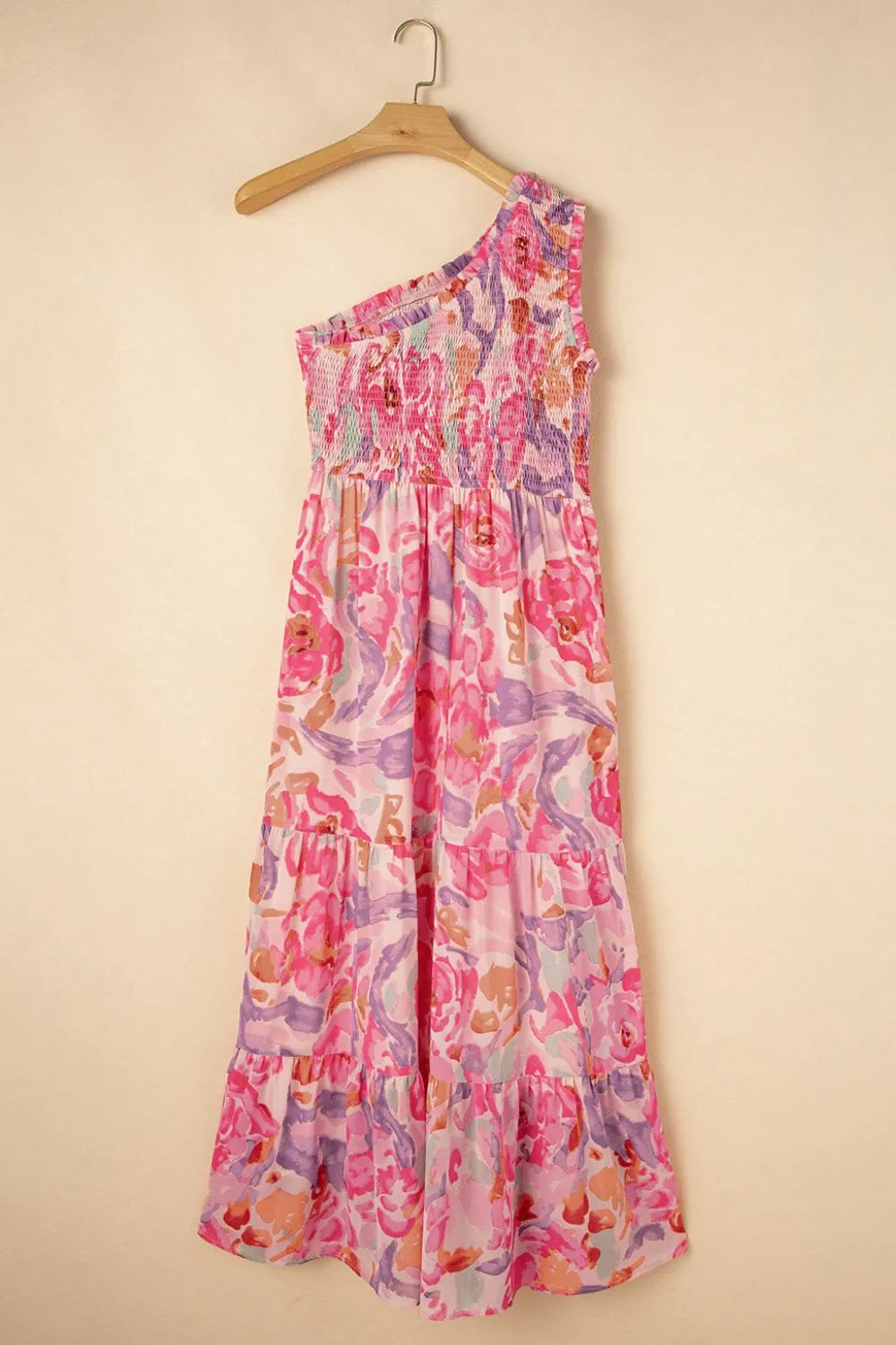 Floral Print Shirred One Shoulder Maxi Dress