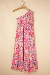 Floral Print Shirred One Shoulder Maxi Dress