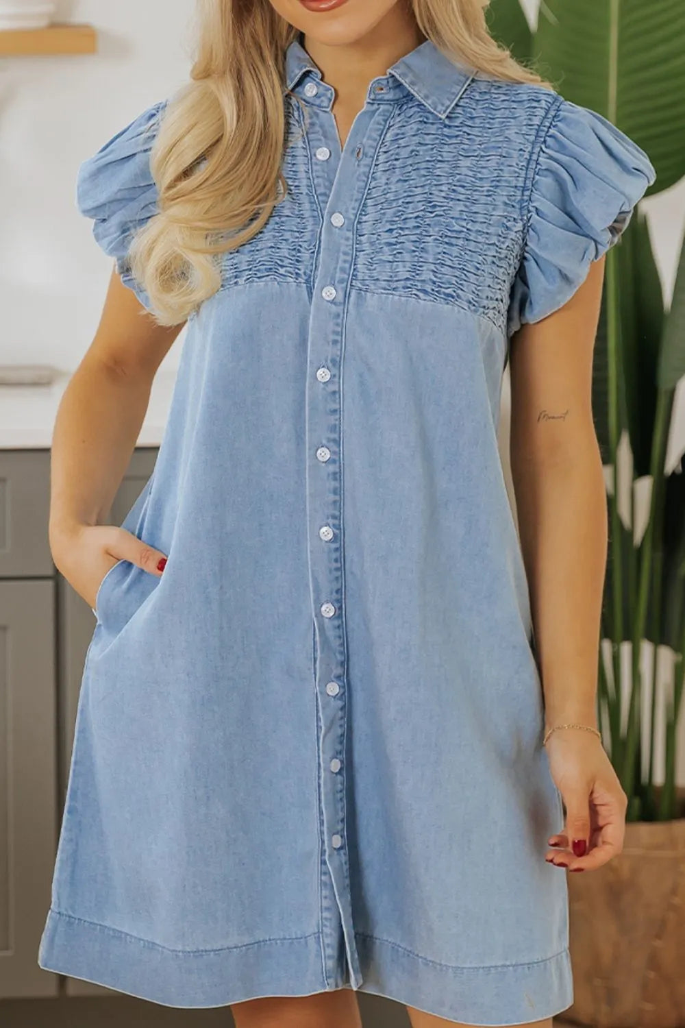 Smocked Collared Neck Cap Sleeve Denim Dress