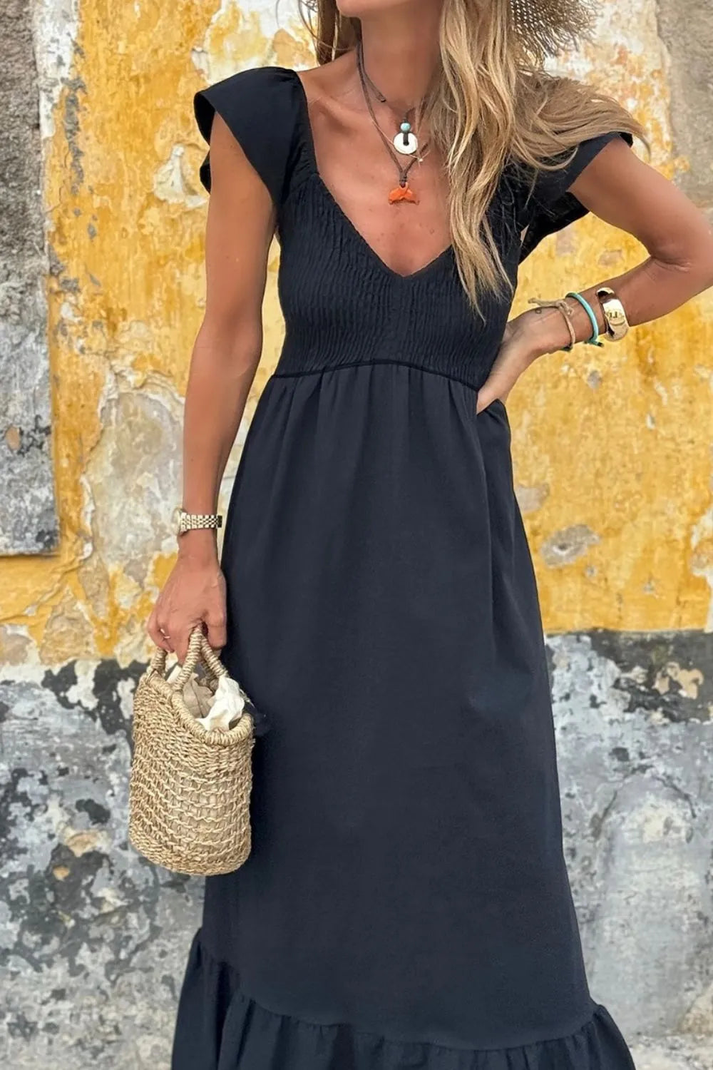 V Neck Ruffled Cap Sleeve Smocked Maxi Dress