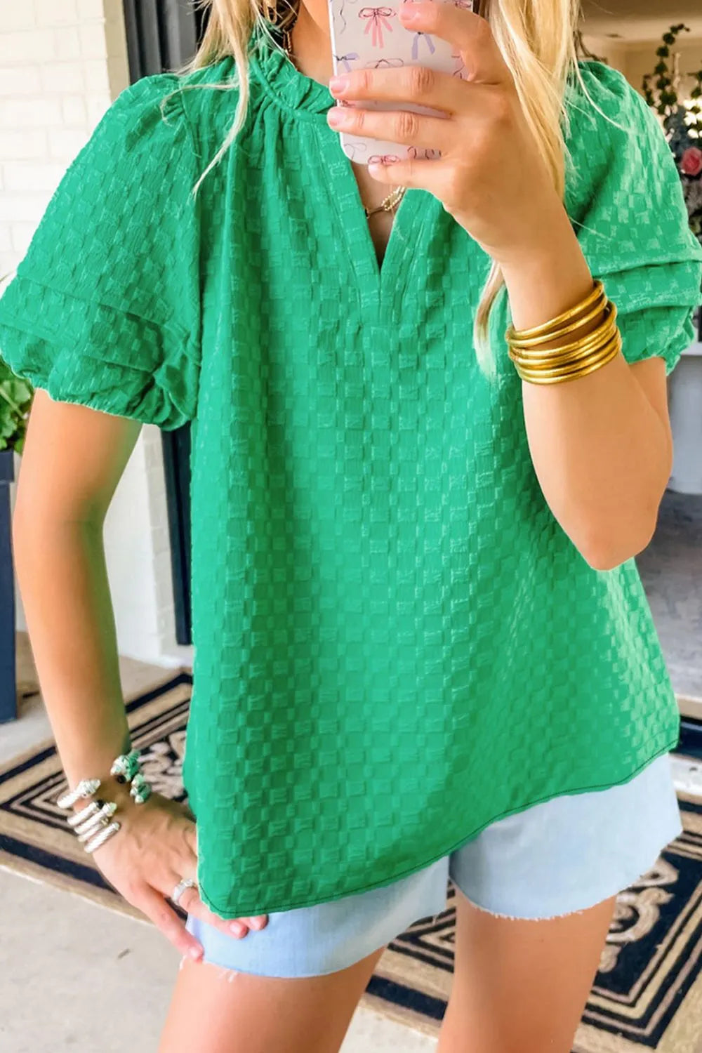 Textured Puff Short Sleeve Notched Top