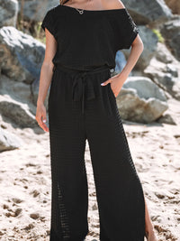 One Shoulder Short Sleeve Knotted Waist Jumpsuit