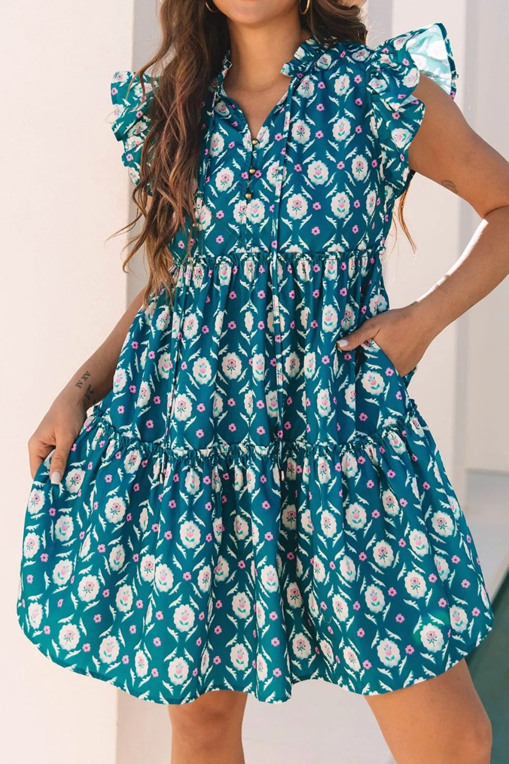 Printed Tie Neck Ruffled Cap Sleeve Dress