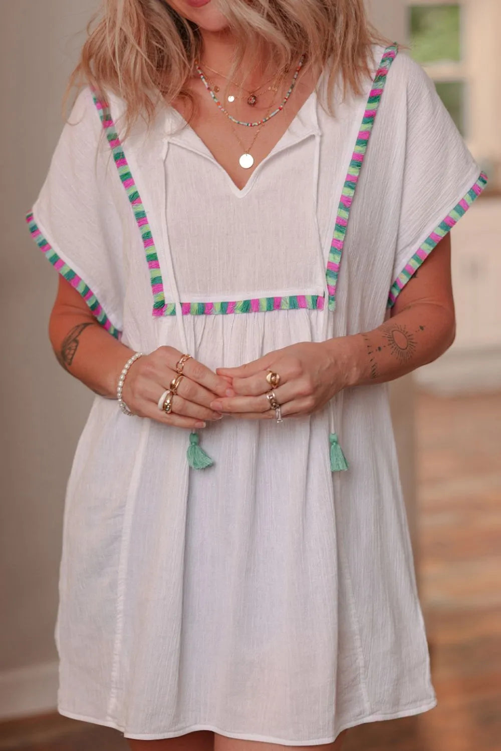 Tassel Tie Neck Short Sleeve Blouse